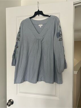 J. Jill Light Blue Embroidered V-Neck Women's Top